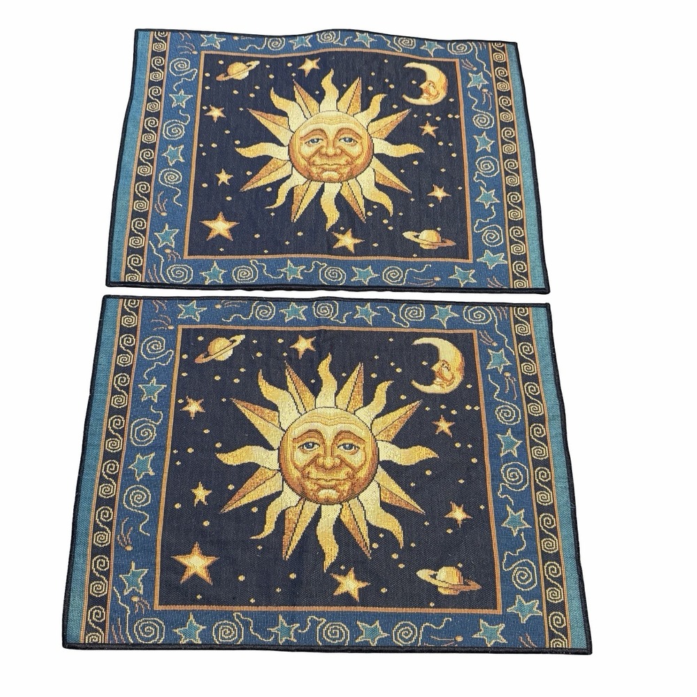 Vintage 90s Celestial Sun Moon Stars Tapestry Placemats Set 2 Whimsigoth